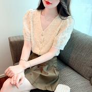 2023夏季韩版v领花瓣，装饰小众设计感甜美短袖雪纺衬衫上衣女