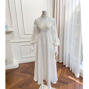 春秋时尚气质小立领灯笼袖蕾丝，长款白色显瘦礼服裙品牌高级感