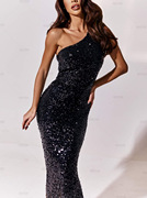 Sequined Slanted Shoulder Black Mermaid Dress 亮片斜肩连衣裙