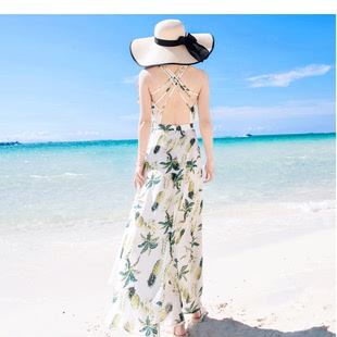 马尔代夫普吉岛度假沙滩裙高个子，露背长裙吊带性感，高腰雪纺连衣裙
