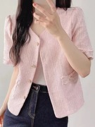 韩国chic夏季减龄气质小香风单排花朵扣毛边口袋纯色短外套开衫