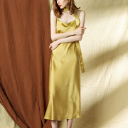 纯色柠檬黄色缎面吊带裙过膝长裙仿真丝绸缎可调节吊带礼服裙