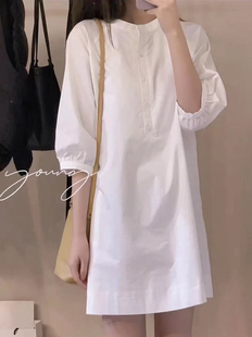 法式时尚白色衬衫连衣裙女夏泡泡，袖高级感气质，圆领中长款裙子