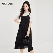 gcrues女神范两件套连衣裙女2024夏设计(夏设计)感短袖吊带裙套装黑色