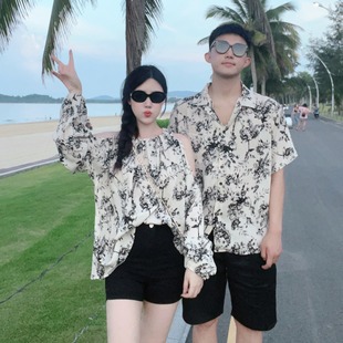 男式沙滩海边衬衫露肩挂脖吊带少女裙泰国海南三亚旅游度假情侣装