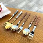 韩式网红家用长柄勺子不锈钢餐具叉子ins风精致木柄男女学生大勺