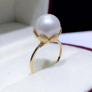 DIY珍珠配件 G18K黄金珍珠戒指空托 遮瑕款指环女 配10-11mm圆珠