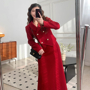 小香风毛呢短外套套装女冬季高级感红色战袍新年套装裙两件套