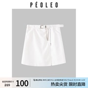 飘蕾白色时尚短裙女2024夏季设计感侧拉链别致半身裙女peoleo