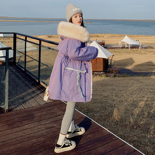紫色派克服女冬季加绒加厚中长款棉服，2022年高级皮草外套