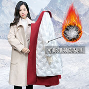 红色双面羊毛大衣中长款2023加厚白鸭绒(白鸭绒，)羽绒服内胆可拆卸外套