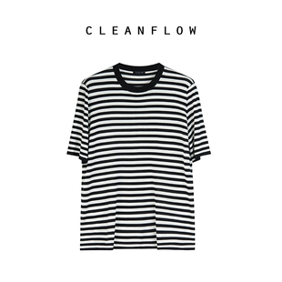 cleanflow黑白细条纹桑蚕真丝小圆领，超薄短袖针织t恤女夏