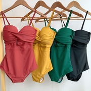 女游泳衣韩国版网红大胸显瘦比基尼聚拢泳装纯色温泉泳装黄绿