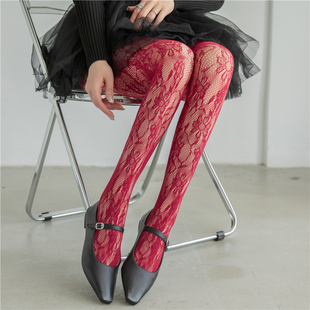 酒红色连裤袜复古法式繁花蕾丝，镂空网袜女性感纯欲玫瑰花白色丝袜