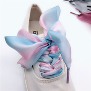 丝带鞋带加宽4厘米宽渐变柔滑蓝粉紫色帆布鞋，时尚个性鞋带小白鞋