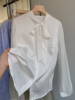 白色简洁立领长袖雪纺衬衫中长款宽松单排扣上衣时尚休闲洋气