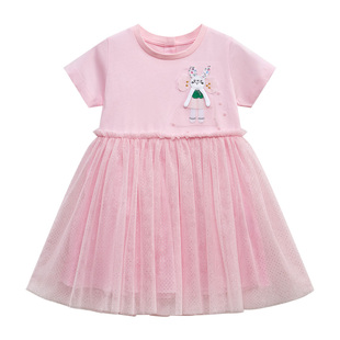 女童小象短袖连衣裙宝宝粉红色，网纱公主裙，夏装婴幼儿半袖裙子