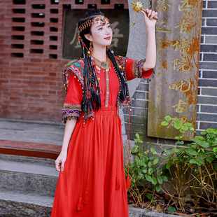 原创民族风女装少女大红色复古连衣裙，套装旅游度假写真拍照旅拍服