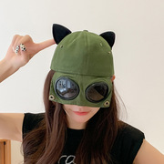 春夏韩国街头嘻哈飞行员眼镜棒球帽子女猫耳朵大头围反戴鸭舌帽男
