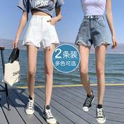 黑色牛仔短裤女2022夏高腰(夏高腰，)a字阔腿裤宽松直筒毛边破洞裤热裤