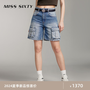 misssixty2024夏季牛仔短裤女复古工装风口袋，破洞高腰显瘦