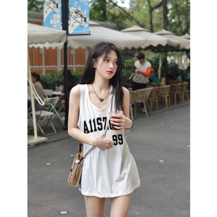 白色背心女夏季2023年运动宽松中长款无袖t恤篮球服上衣外穿吊带