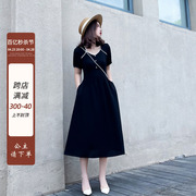 黑色方领连衣裙长款女夏季2024年法式风雪纺，收腰显瘦气质长裙