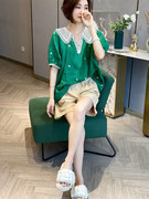 娃娃领棉麻短袖衬衫女蕾丝拼接宽松休闲绿色上衣2023夏季欧货