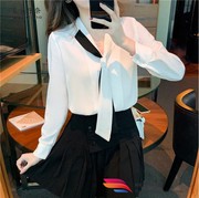 韩版衬衣白色衬衫雪紡女翻领，长袖春味港，新潮领带2021职业上衣