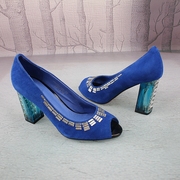 ll38码蓝色水钻羊皮，真皮水晶方跟鱼嘴女鞋子拼色浅口单鞋d128-3