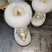 2023女加绒保暖防水白色雪地，靴狐狸毛重工(毛重工，)棉靴短筒水钻牛皮鞋