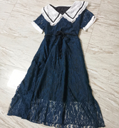 韩版女夏装新中长款绑带仙甜美藏蓝纯色蕾丝翻领短袖连衣裙子显瘦