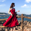 红色连衣裙女夏季超仙旅游度假海边露背裙子高腰a字吊带伞裙