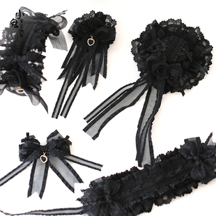 原创lolita黑色心情限定发带，蕾丝蝴蝶结kc小礼帽，手袖花丸发夹发箍