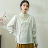 新中式国风白色纯棉宽松衬衫女春原创设计立领长袖叠穿衬衣打底衫