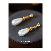 黄铜镀18K真金 法式简约时尚复古风仿珍珠水滴形耳环优雅气质耳饰