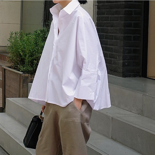 夏装长袖衬衫女韩版宽松大码纯棉，白色斗篷型蝙蝠袖时尚衬衣潮