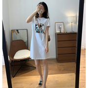 白色长裙纯棉短袖t恤女夏季中长款连衣裙，设计感宽松显瘦直筒上衣