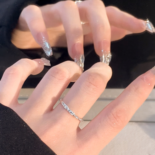 s925银素圈戒指女小众设计皱糖纸情侣对戒开口食指戒指女素戒指环
