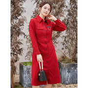 赫本风红色连衣裙女士职业衬衫裙秋冬季高级感打底裙子配风衣外套