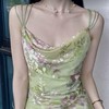 vintage复古烂花绡钉珠吊带，斜裁连衣裙春天一抹绿长裙