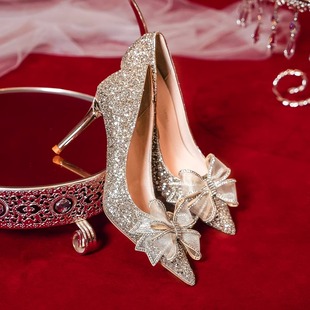 高级感主婚纱婚鞋女春季新娘鞋水晶婚礼服高跟鞋金色亮片鞋