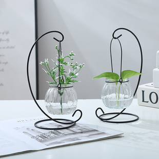 创意铁架水培绿萝玻璃花瓶容器，盆办公室内桌面绿植现代摆件装饰品