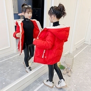 女童红色棉服女童冬装棉袄纯色儿童中长款加厚中大童女孩棉衣外套