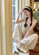 韩版网红风带胸垫吊带莫代尔，睡衣女夏天卡通可爱家居直筒睡裤套装