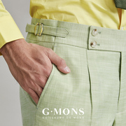 那不勒斯西裤男九分裤黄绿色直筒垂感高腰西装，裤子休闲修身夏季