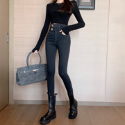 韩版舒适时尚ins超火设计感双腰头高腰紧身弹力牛仔裤女装