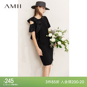 Amii2024夏极简小黑裙连衣裙荷叶边镂空短袖罗马布裙子女