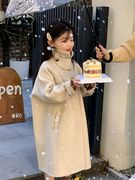 韩国童装女童双面羊绒大衣，中长款2023儿童，冬款纯色呢大衣
