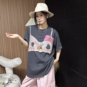 欧洲站2025夏季圆领中长款韩系蝴蝶结拼色灰粉撞色短袖大版T恤 潮